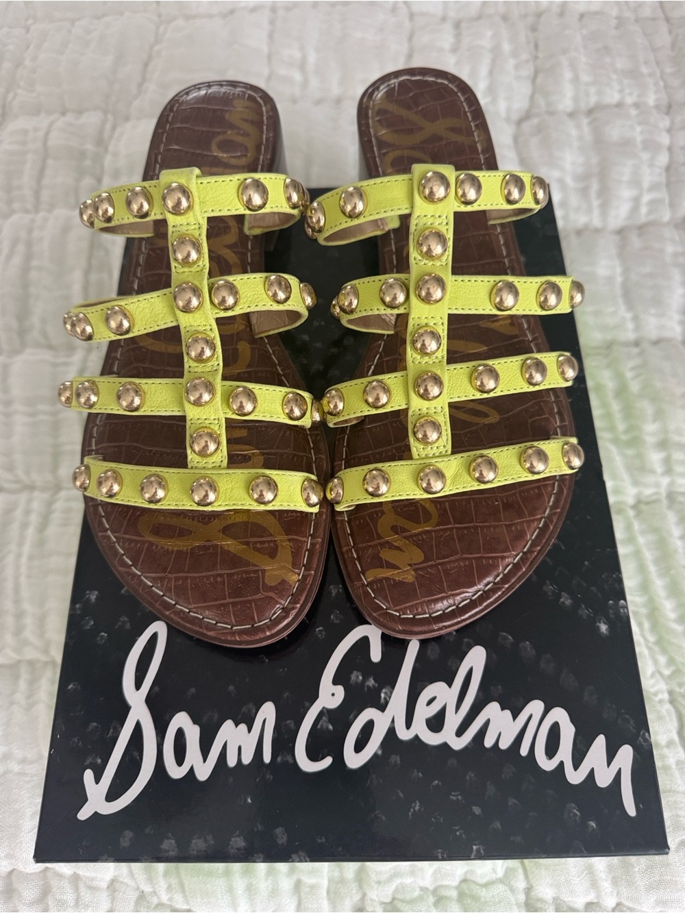 Sam Edelman Lime Green Gold-Stud Slide Gladiator Style Sandal